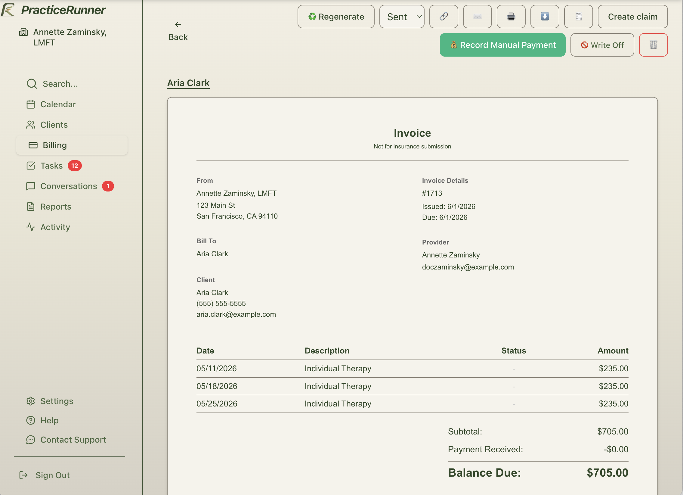 PracticeRunner billing workflow showing an invoice, payment method, bank transfer option, AutoPay readiness, and payment history.