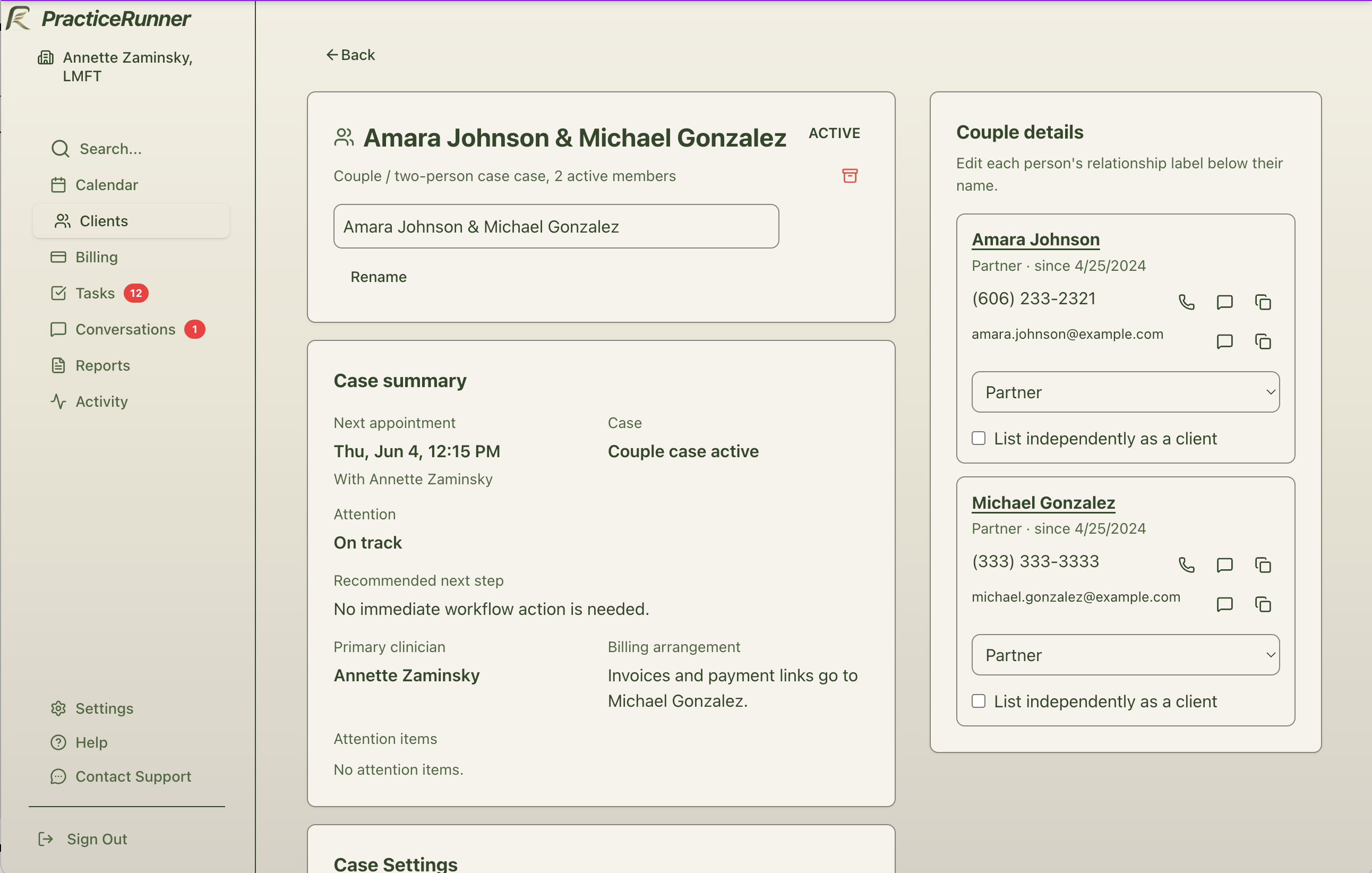 PracticeRunner couple case showing two participants, shared case context, next appointment, notes, and billing contact.
