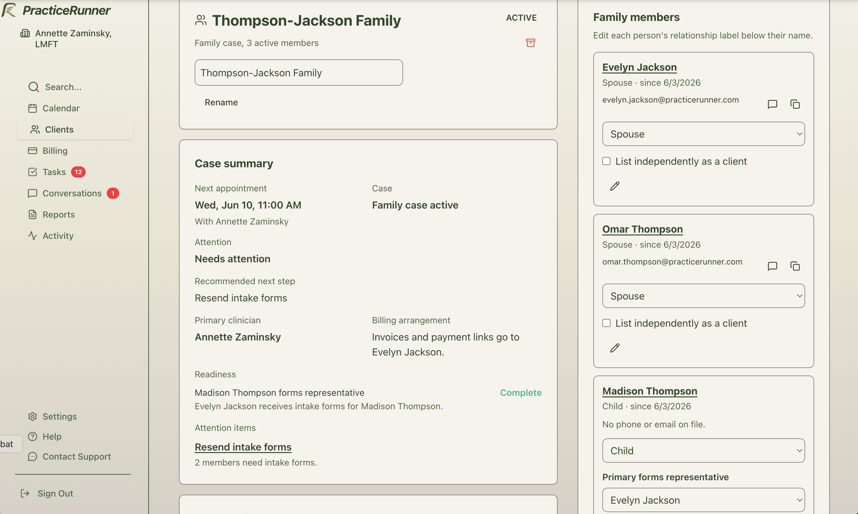 PracticeRunner family case showing several participants, a next appointment, and a separate billing contact.